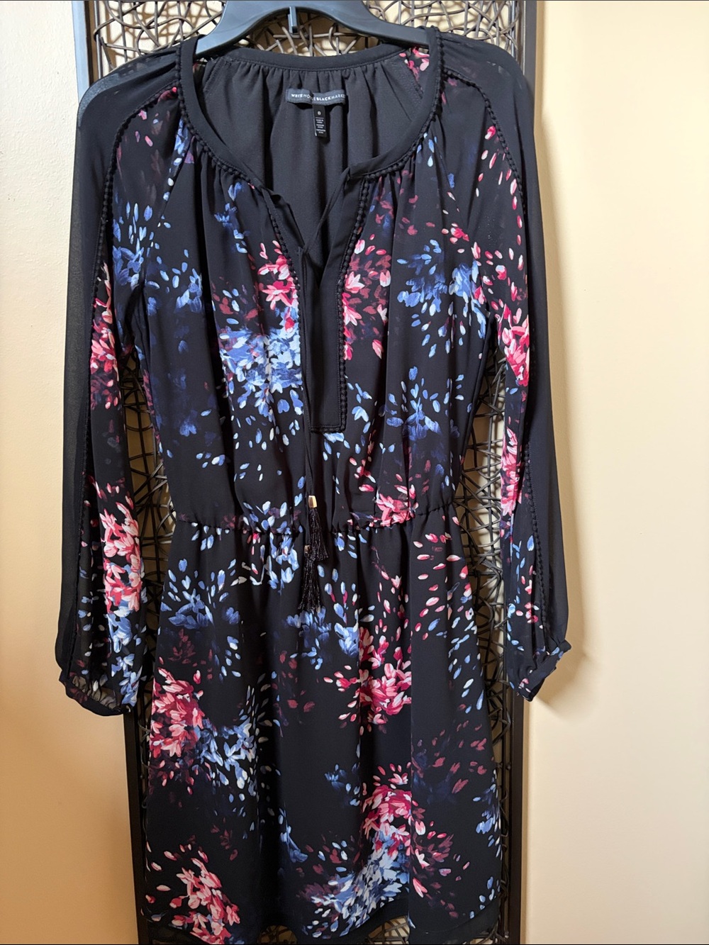 White House Black Market Black Floral Mini Dress with Pink & Blue Accents